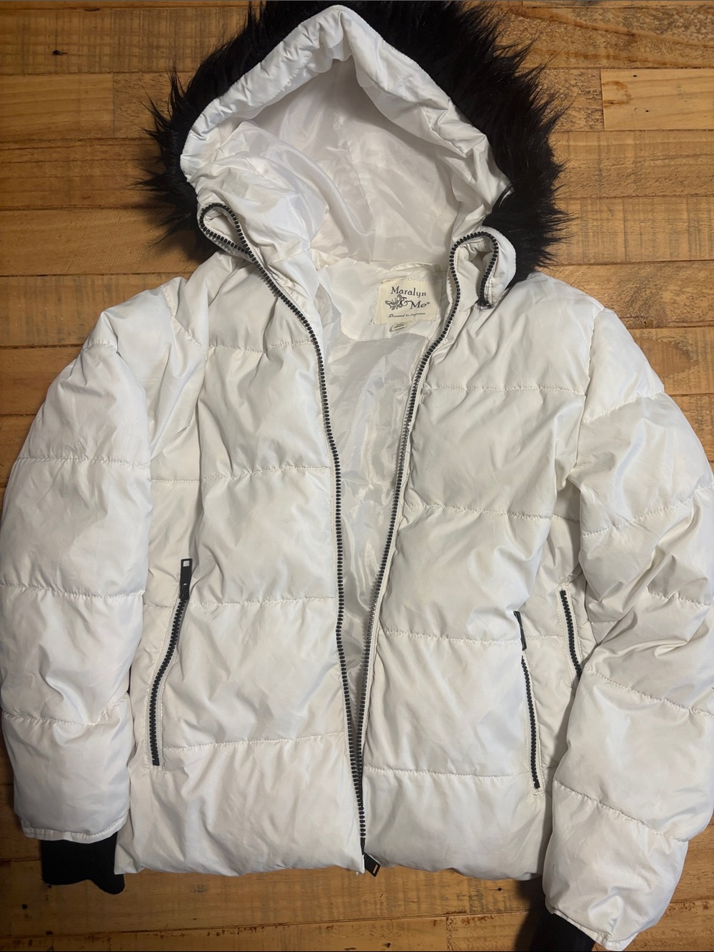 Maralyn & Me White Puffer Jacket with Black Faux Fur Trim